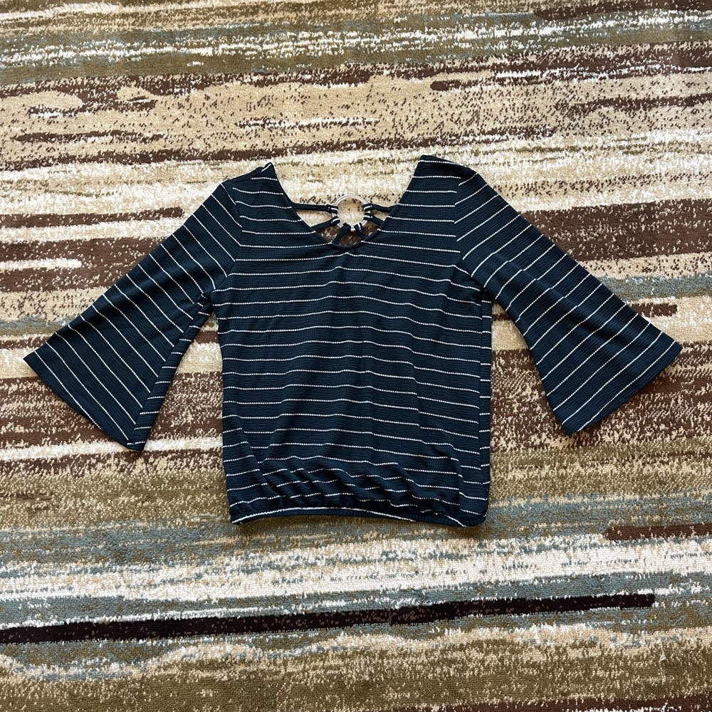 Women’s Black & White Striped Bell Sleeve Top